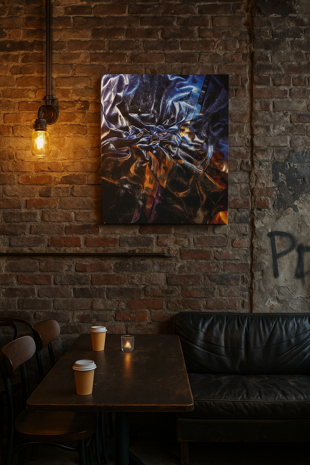 Male skateboarder wearing a bold, abstract graphic t-shirt in vibrant neon colors, walking down concrete stairs in an urban setting