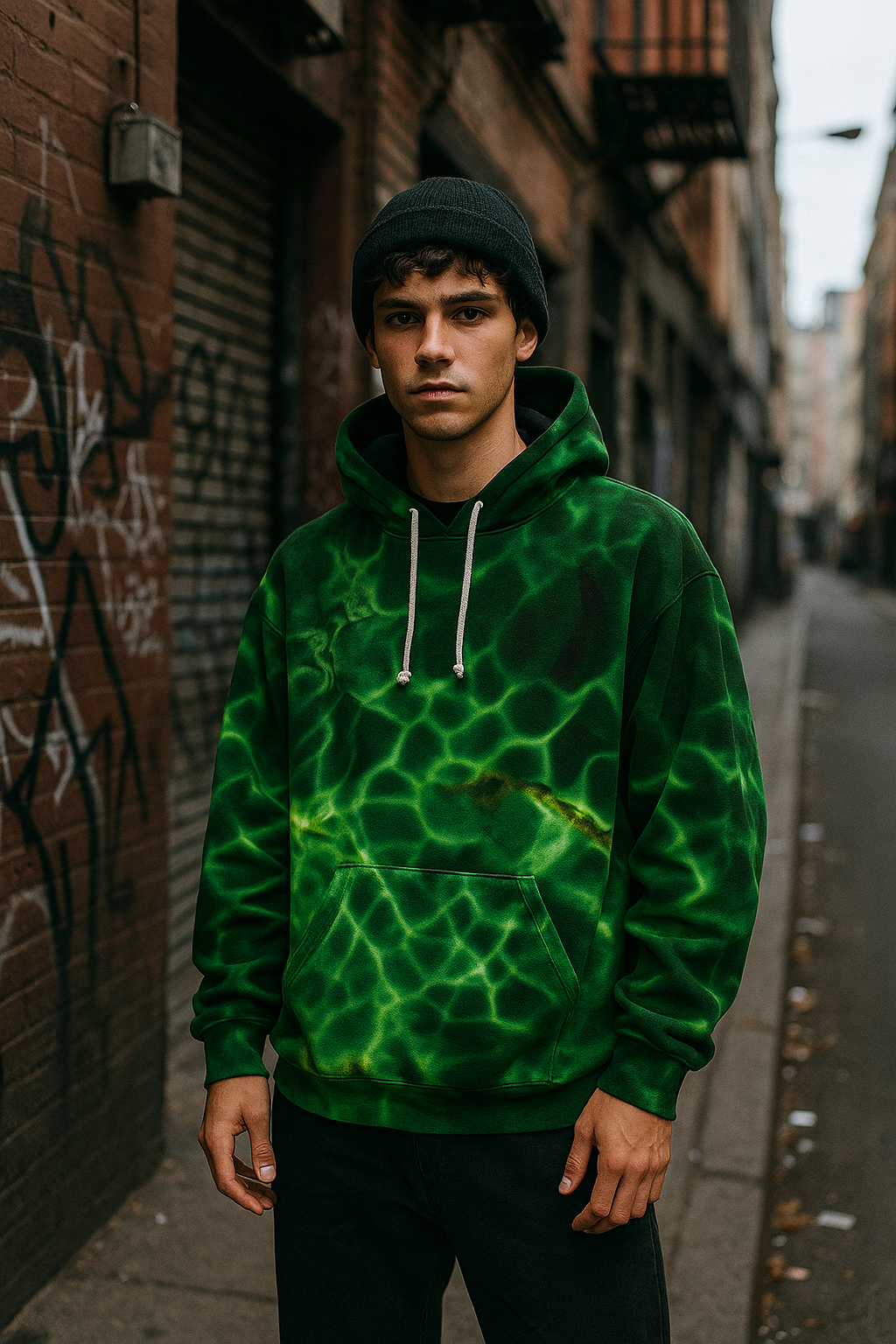 Young woman wearing abstract earth-toned t-shirt and bucket hat standing in an urban subway station with graffiti and red train lights in the background